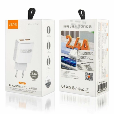 Ładowarka sieciowa 2XUSB 2.4A + kabel micro VIDVIE PLE245 biała